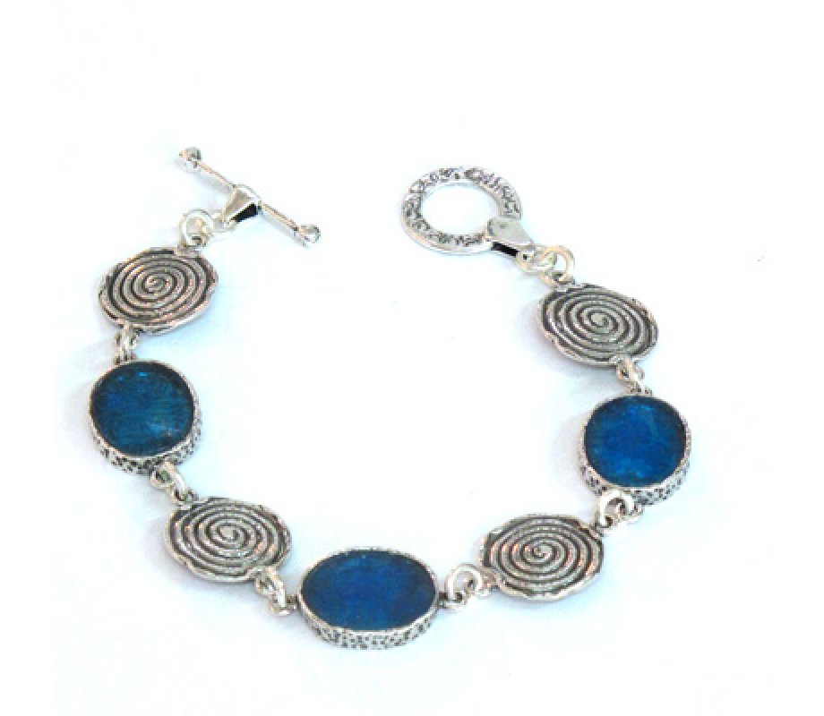 Sterling Silver Bracelet with Swirling Wave Discs and Roman Glass - Michal Kirat