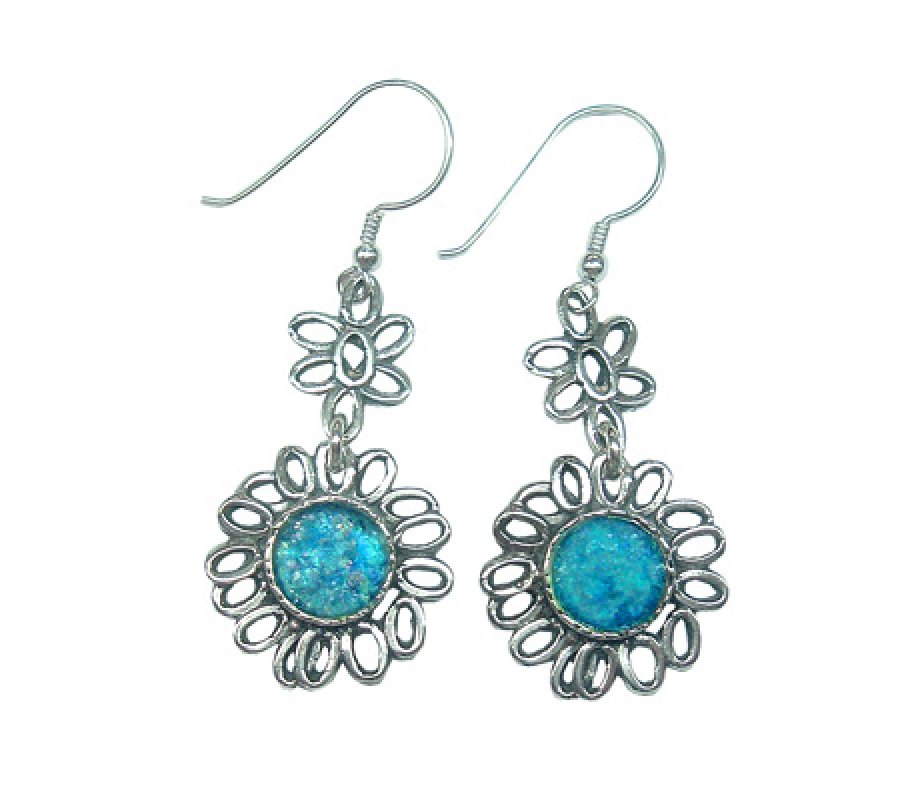 Sterling Silver Dangle Earrings with Roman Glass Set in Flower Frame - Michal Kirat