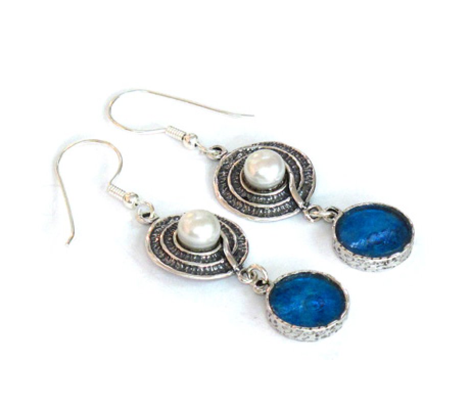 Sterling Silver Dangle Roman Glass Earrings with Pearl on Circular Disc - Michal Kirat