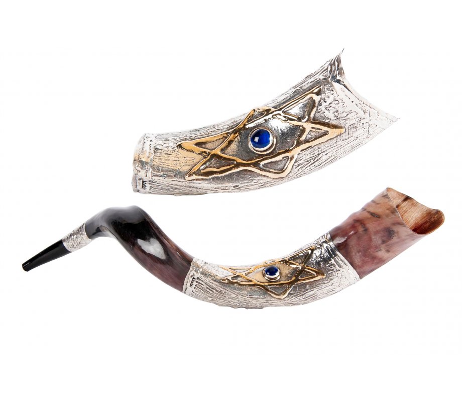 Sterling Silver Decorated Yemenite Shofar - Blue Stone
