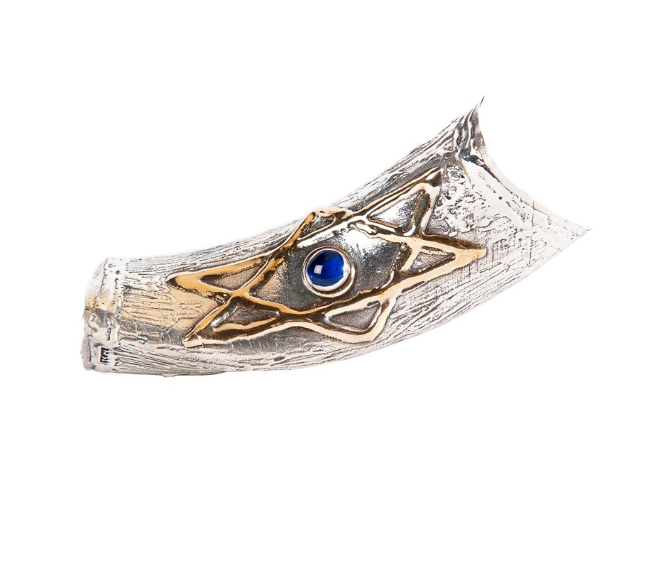 Sterling Silver Decorated Yemenite Shofar - Blue Stone