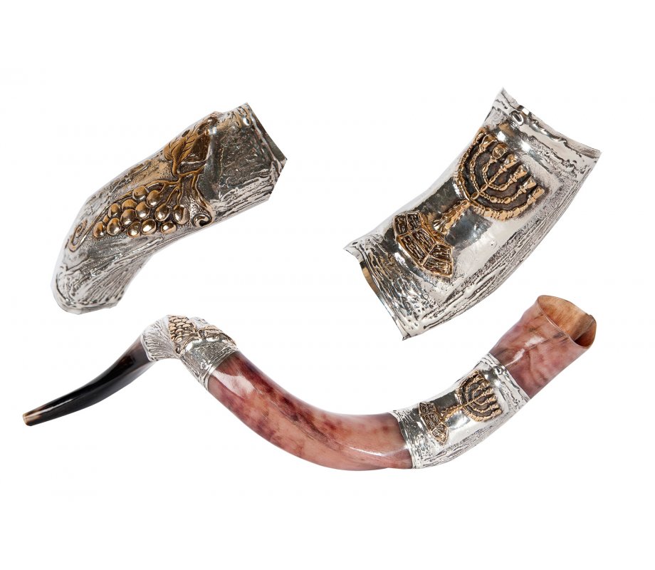 Sterling Silver Decorated Yemenite Shofar - Menorah
