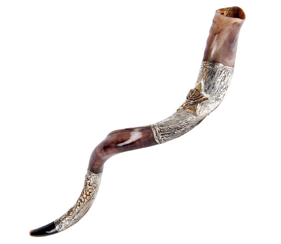 Sterling Silver Decorated Yemenite Shofar - Menorah and Star of David