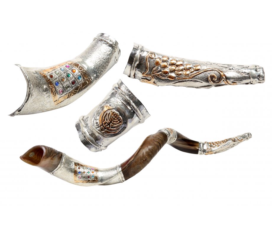 Sterling Silver Decorated Yemenite Shofar -Breastplate, Menorah, Olive Design