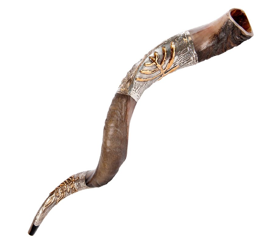 Sterling Silver Decorated Yemenite Shofar -Gold Menorah