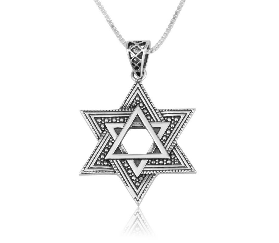 Sterling Silver Double Star of David Pendant Necklace – Smooth and Beaded Design