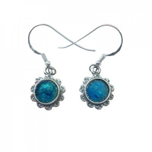 Sterling Silver Drop Earrings with Roman Glass in Hammered Flower Frame - Michal Kirat