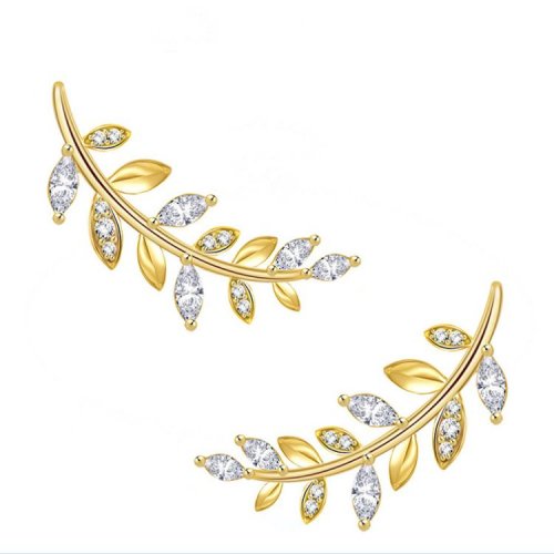 Sterling Silver Gold Plated Stud Earrings, Gleaming Zircons - Curving Leaf Design