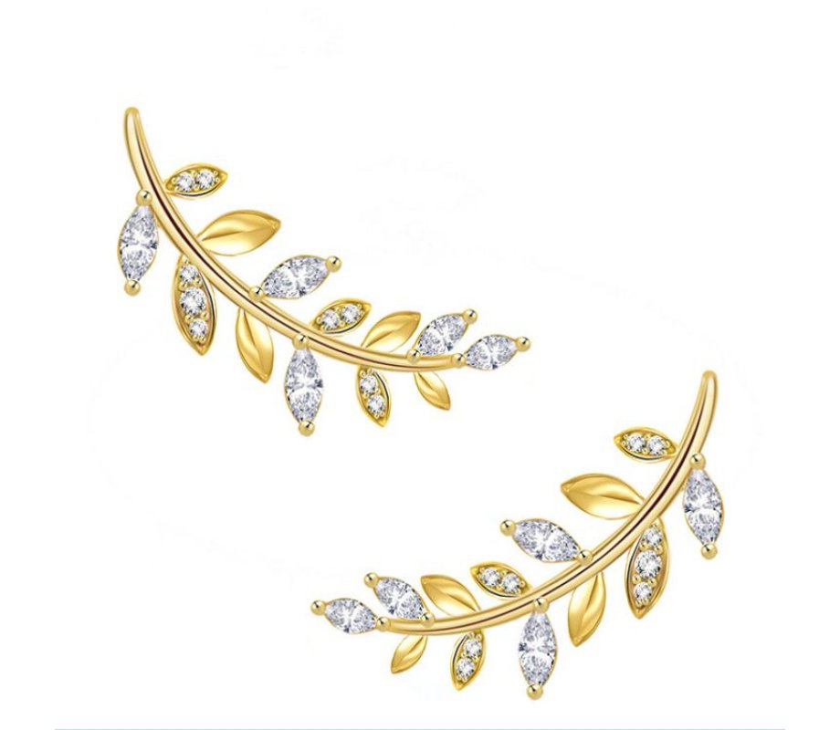 Sterling Silver Gold Plated Stud Earrings, Gleaming Zircons - Curving Leaf Design