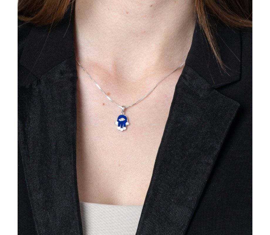 Sterling Silver Hamsa Pendant Necklace – Blue Sapphire with Zircon Protective Eye