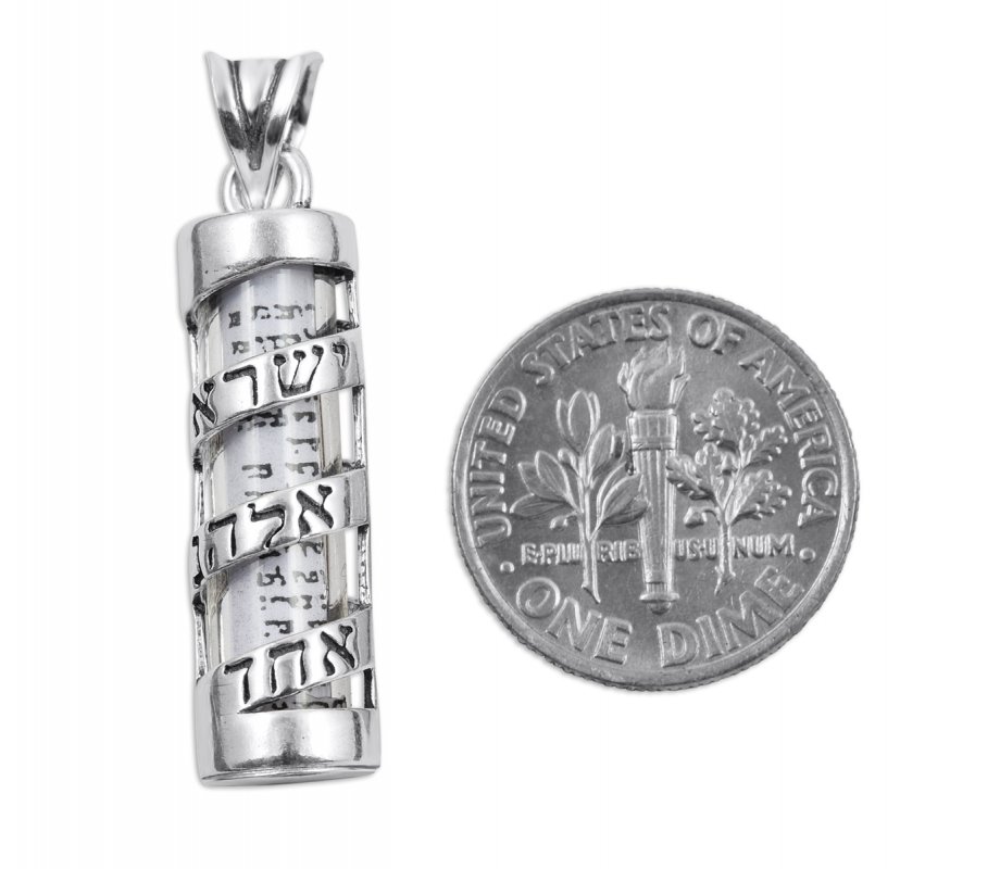 Sterling Silver Mezuzah Pendant Necklace with Spiral Shema Yisrael in Hebrew