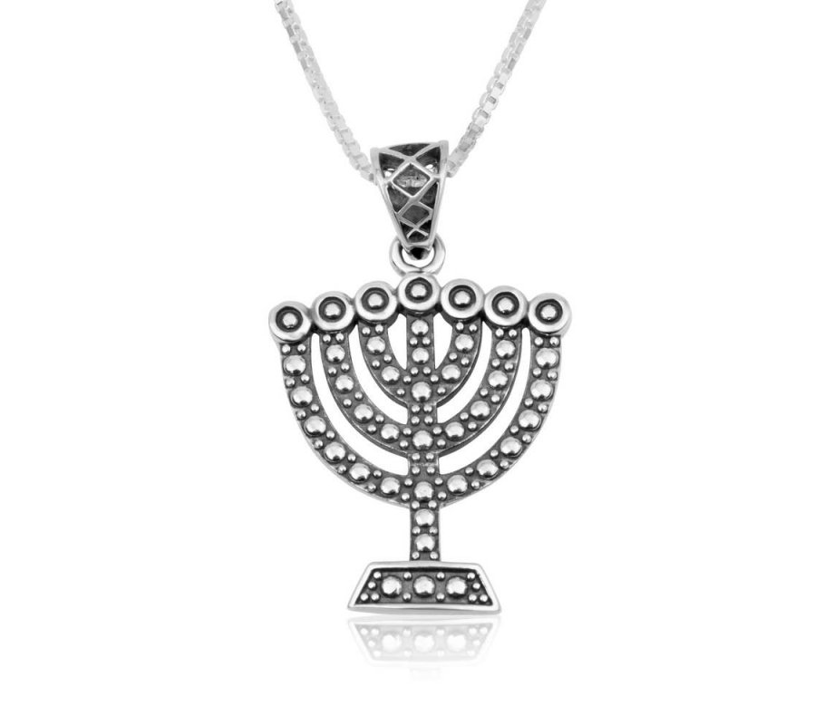 Sterling Silver Necklace – Seven Branch Temple Menorah Pendant – Bead Artwork Design