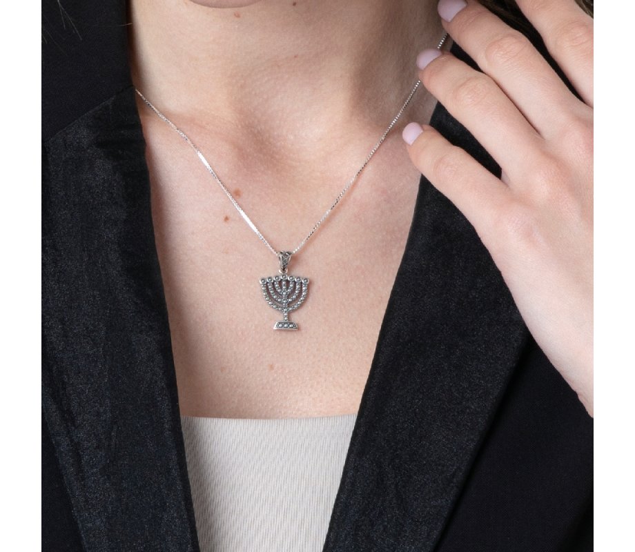 Sterling Silver Necklace – Seven Branch Temple Menorah Pendant – Bead Artwork Design