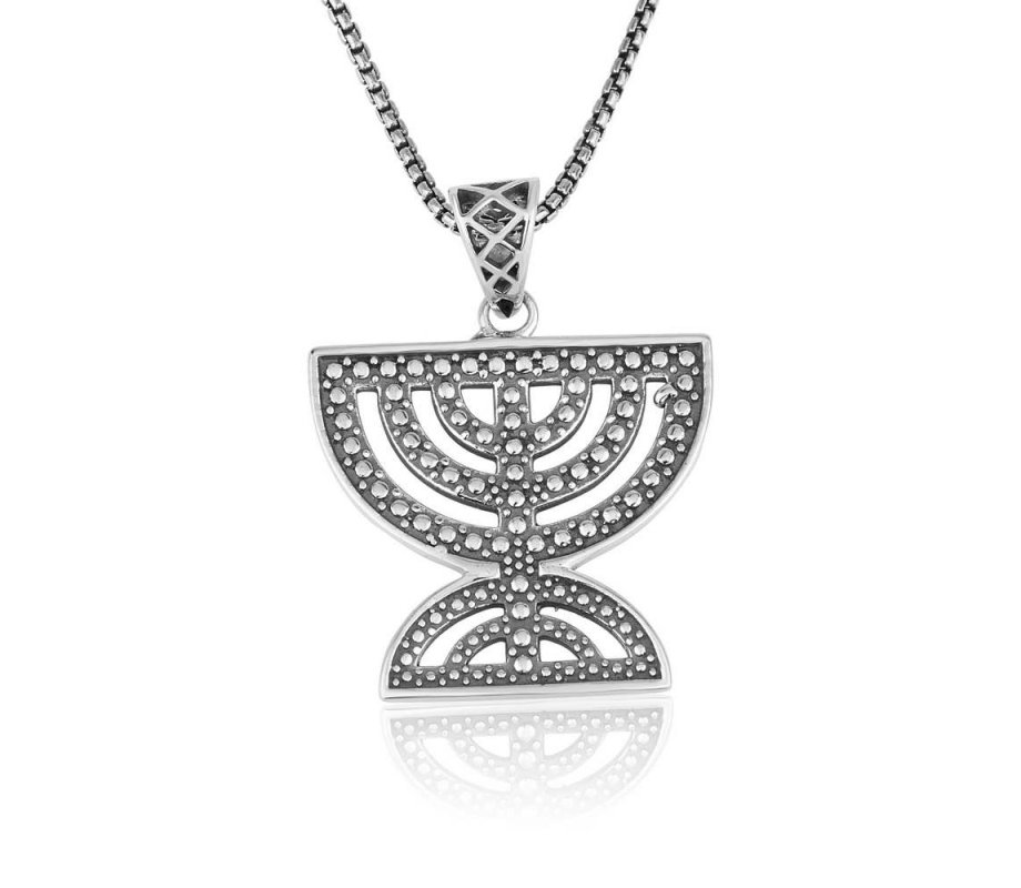 Sterling Silver Necklace, Double Temple Menorah Pendant - Bead Artwork Design