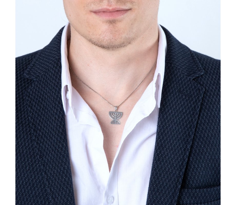 Sterling Silver Necklace, Double Temple Menorah Pendant - Bead Artwork Design