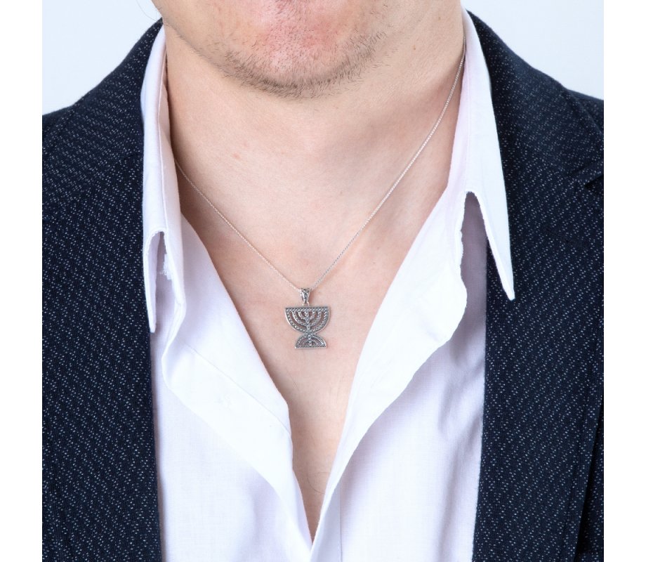 Sterling Silver Necklace, Double Temple Menorah Pendant - Bead Artwork Design