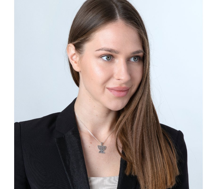 Sterling Silver Necklace, Double Temple Menorah Pendant - Bead Artwork Design