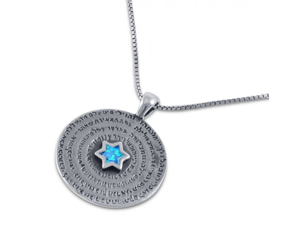 Sterling Silver Necklace Pendant with 72 Heavenly Names and Blue Opal Stone