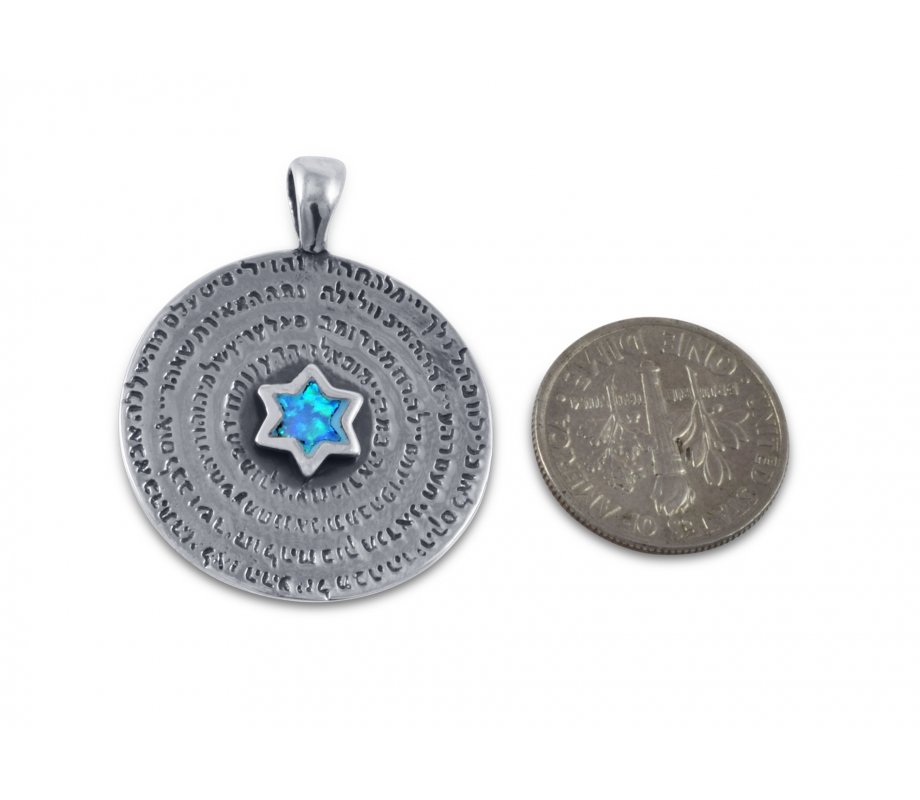 Sterling Silver Necklace Pendant with 72 Heavenly Names and Blue Opal Stone