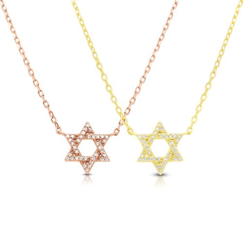 Sterling Silver Necklace, Plated with Rose Gold - Star of David Pendant with Zircons