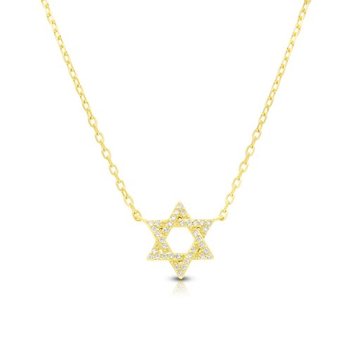 Sterling Silver Necklace, Plated with Yellow Gold - Star of David Pendant with Zircons