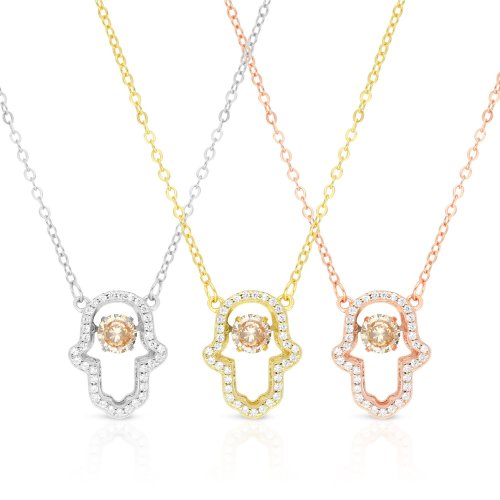 Sterling Silver Necklace, Rose Gold Plated  Hamsa Hand Pendant with Glittering Zircons