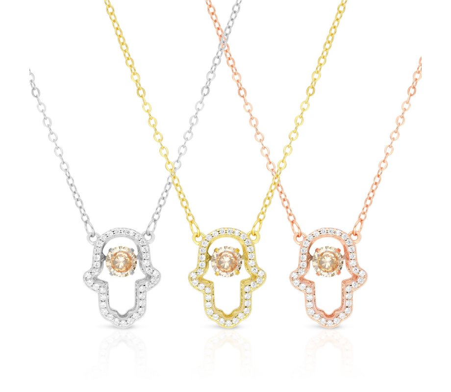 Sterling Silver Necklace, Rose Gold Plated – Hamsa Hand Pendant with Glittering Zircons