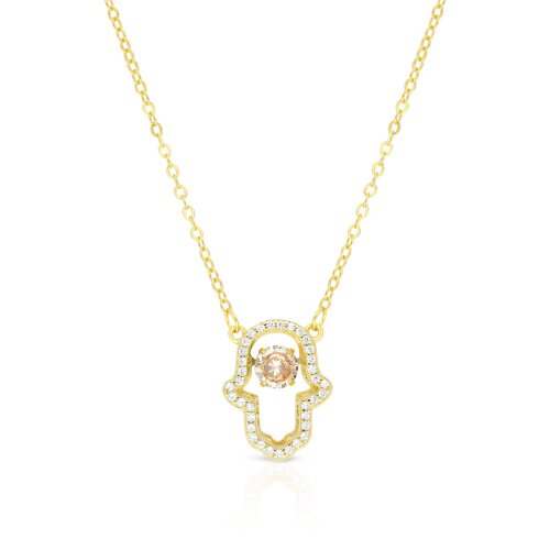 Sterling Silver Necklace, Yellow Gold Plated  Hamsa Hand Pendant with Zircons