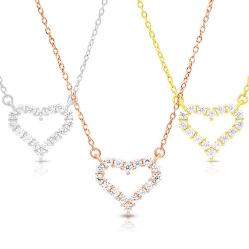 Sterling Silver Necklace with Zircon Heart Pendant  In Yellow, Rose Gold or Silver