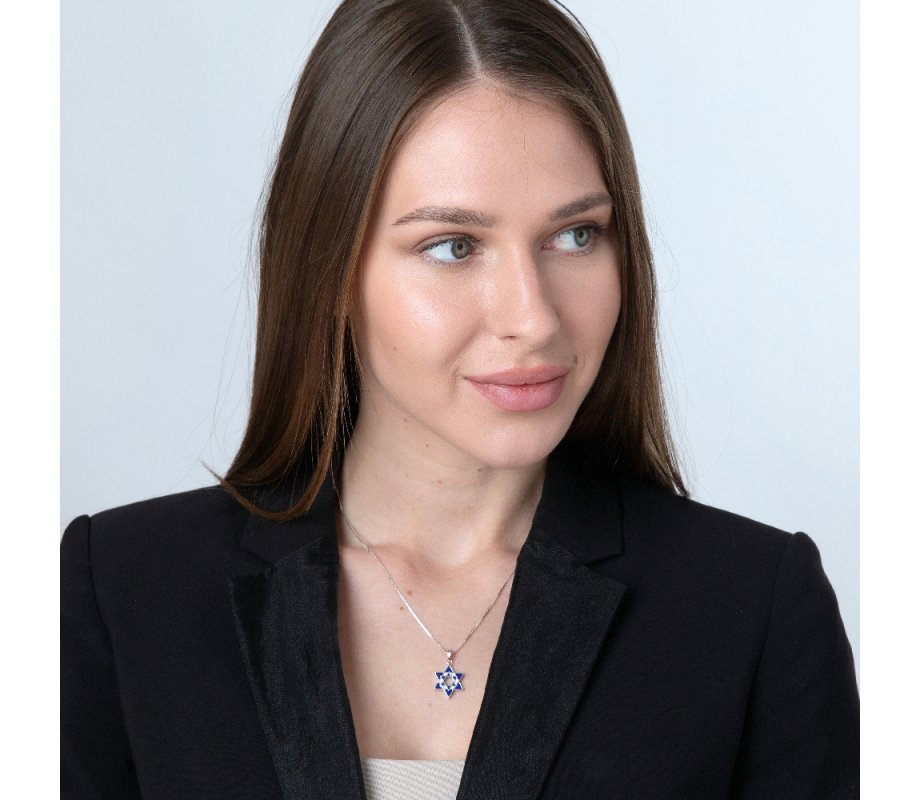 Sterling Silver Pendant Necklace, Double Star of David – Blue Enamel and Crystals