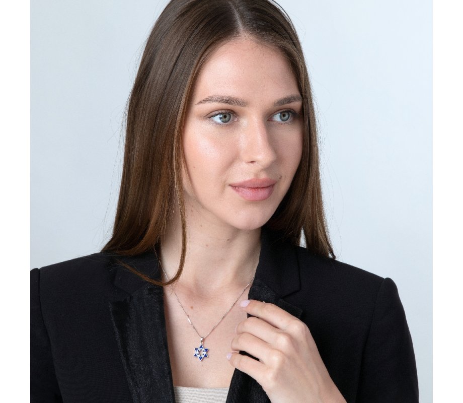 Sterling Silver Pendant Necklace, Double Star of David – Blue Enamel and Crystals