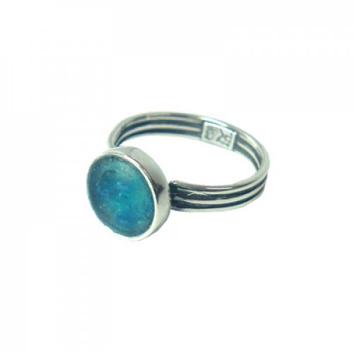 Sterling Silver Ring, Small Round Roman Glass in Smooth Silver Frame - Michal Kirat