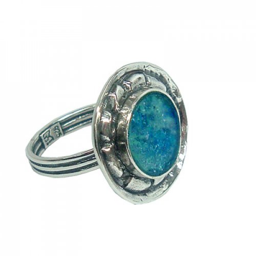 Sterling Silver Ring with Roman Glass Center Set in a Decorative Frame - Michal Kirat