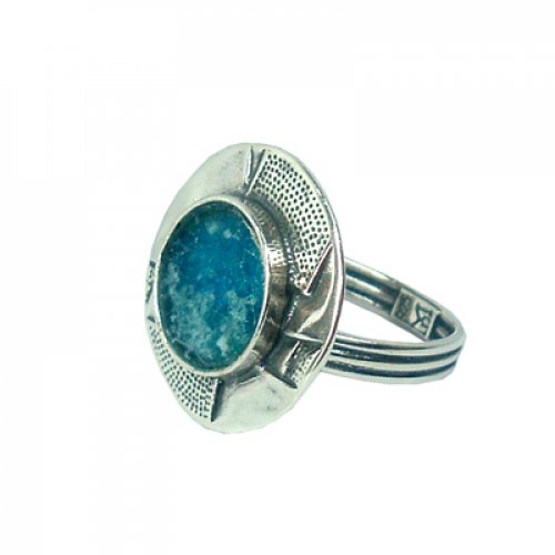 Sterling Silver Ring with Roman Glass Center and Hand Engraved Frame - Michal Kirat