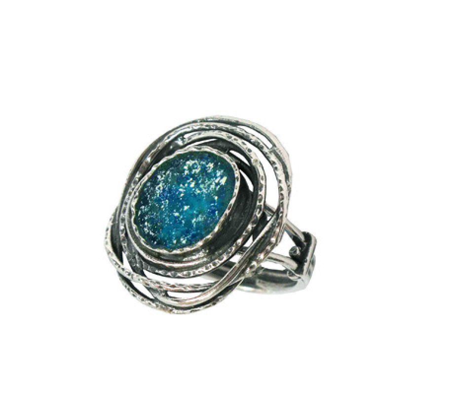 Sterling Silver Ring with Roman Glass Shard with Image of Birds Nest - Michal Kirat