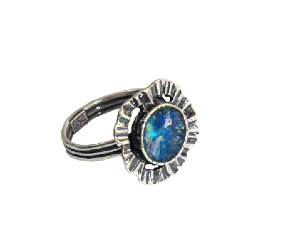 Sterling Silver Ring with Round Roman Glass Center and Flower Design - Michal Kirat