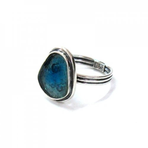 Sterling Silver Ring with Shield Shape Roman Glass, Adjustable Band - Michal Kirat