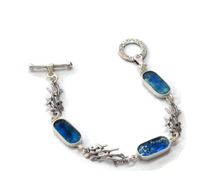 Sterling Silver Roman Glass Bracelet with Branch-shaped Connectors - Michal Kirat