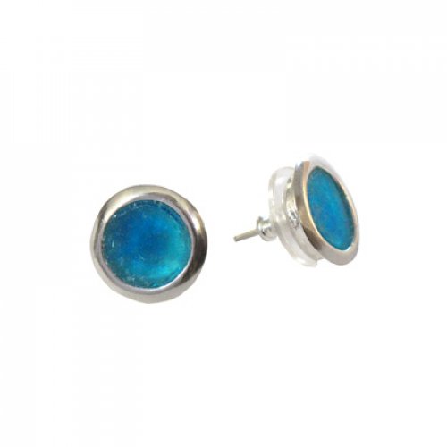 Sterling Silver Round Stud Earrings with Roman Glass Center - Michal Kirat