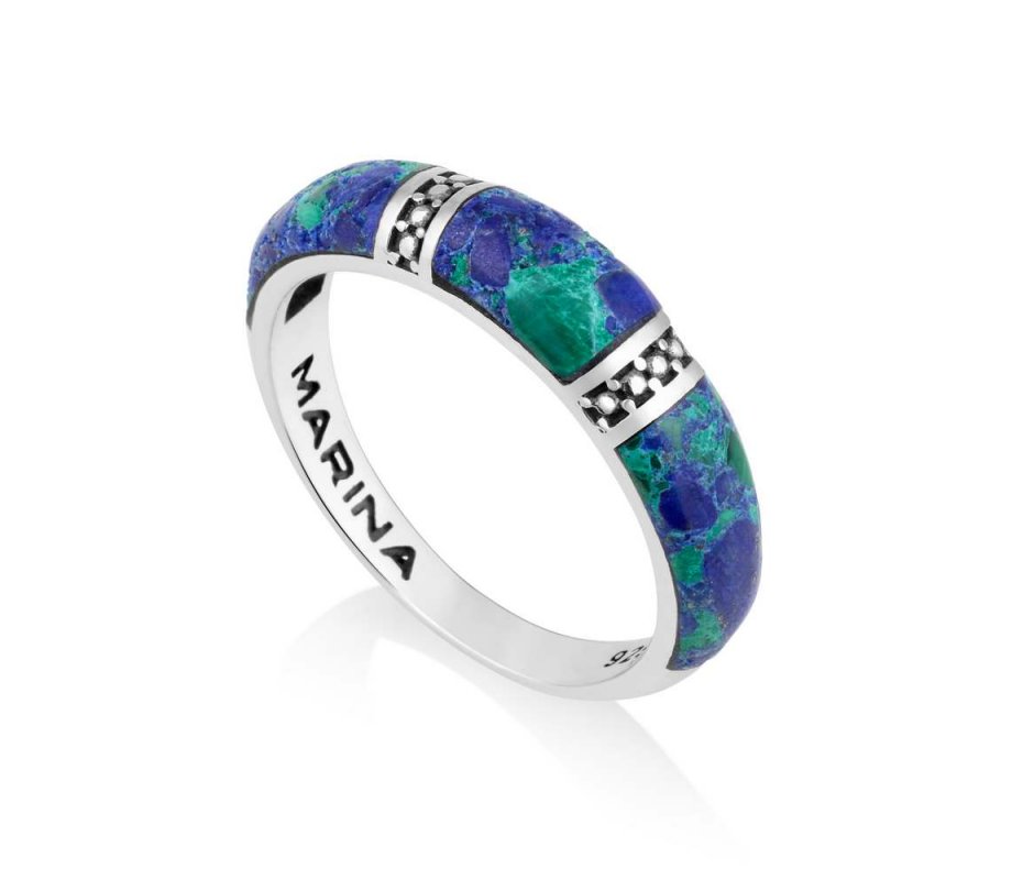 Sterling Silver Rounded Ring, Eilat Stone  Two Decorative Stripes