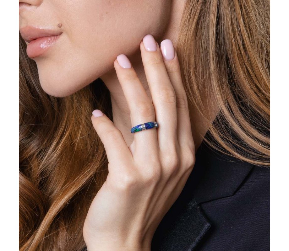 Sterling Silver Rounded Ring, Eilat Stone  Two Decorative Stripes