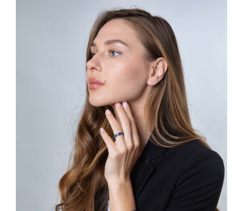 Sterling Silver Rounded Ring, Eilat Stone  Two Decorative Stripes