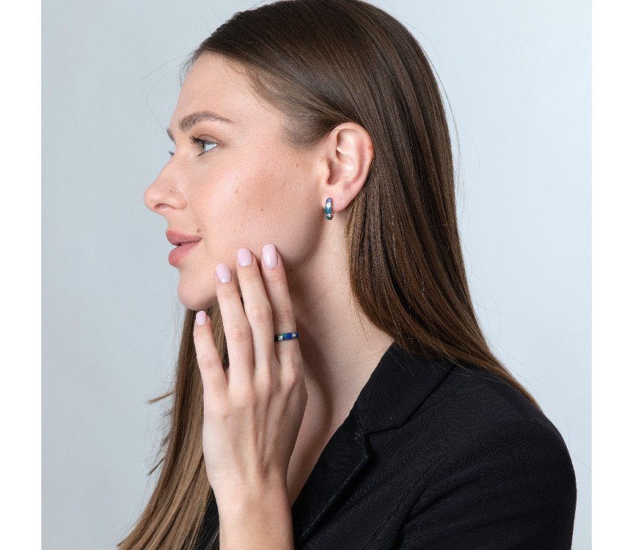 Sterling Silver Rounded Ring, Eilat Stone  Two Decorative Stripes