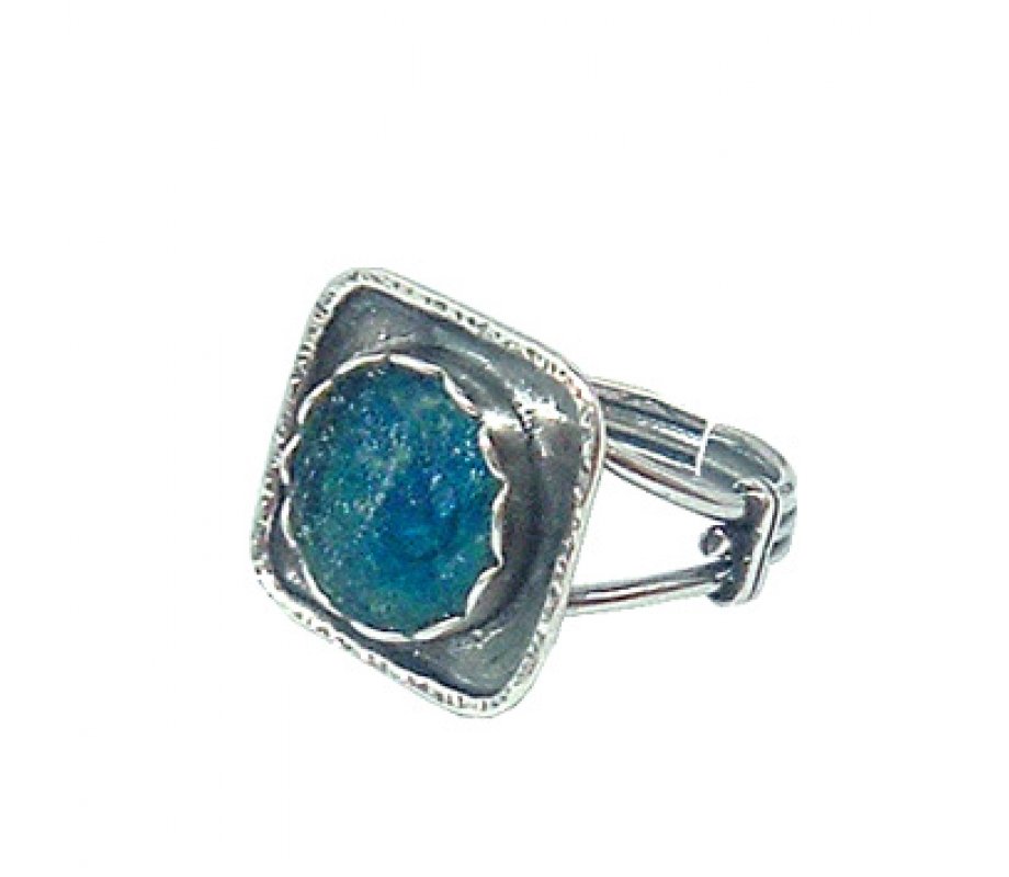 Sterling Silver Square Ring with Roman Glass in Flower Frame, Adjustable - Michal Kirat