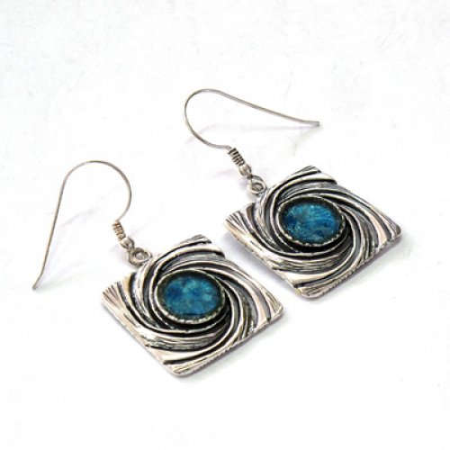 Sterling Silver and Roman Glass Drop Earrings, Curving Wave Design - Michal Kirat