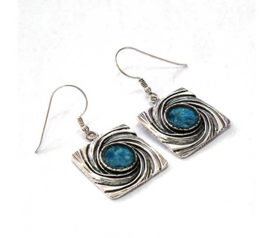 Sterling Silver and Roman Glass Drop Earrings, Curving Wave Design - Michal Kirat