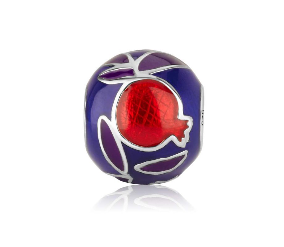 Sterling Silver with Enamel Bracelet Charm - Red Pomegranate and Leaves on Blue
