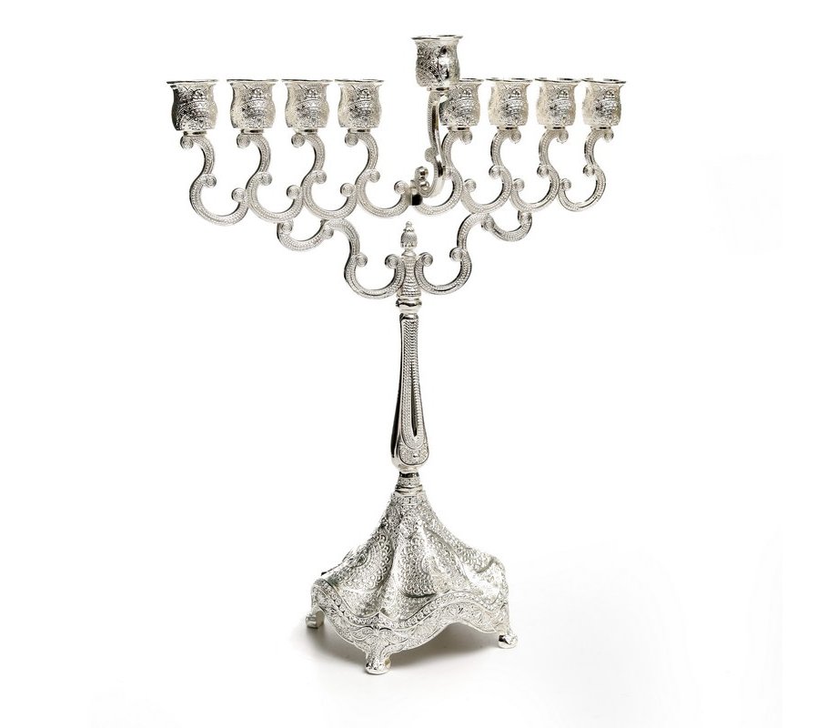 Tall Hanukkah Menorah, Silver Plated with Swirls