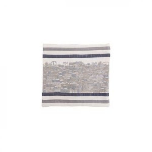 Tallit Bag Embroidered with Panoramic Jerusalem, Silver - Yair Emanuel