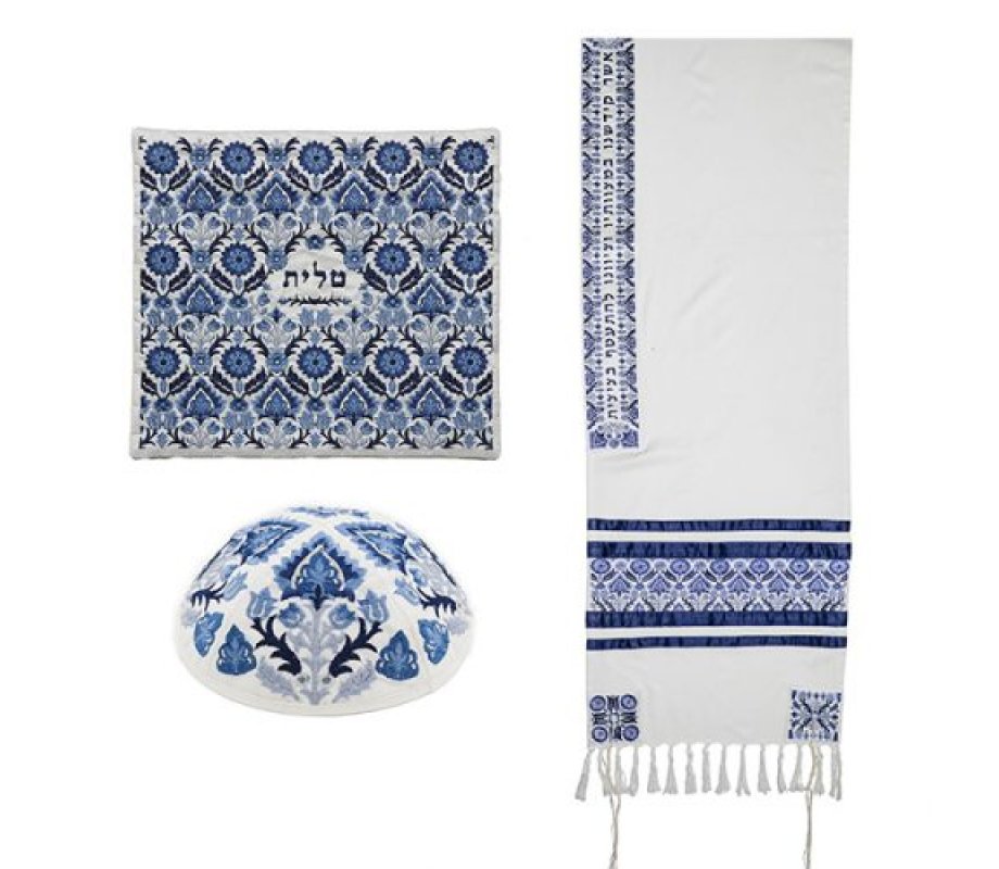 Tallit Kippah and Bag Set, Blue Geometric Floral Design - Yair Emanuel